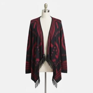 Forever 21 Cardigan Women’s Size S Red Black Aztec Open‎ Draped Fringe